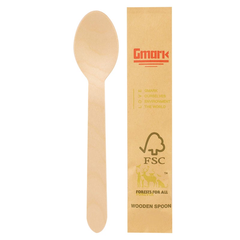 Gmark Disposable Wooden Spoons Paper Wrapped | Pack of 100-6.5" Spoons | 100% All-Natural, Eco-Friendly, Biodegradable, and Compostable 100 ct Individually Wrapped in Box GM1024 - Image 3